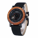 BEWELL Holzkern Uhren Für Herren Analog Automatikwerk Armbanduhr Retro Herrenuhr mit Segeltuch Armband Uhr Männer W158A (Rot) - 1